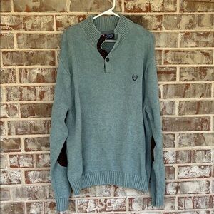 Chaps Light Green Mock Neck Button Up Elbow Patches Sweater